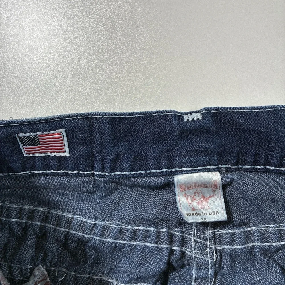 True Religion Jeans 34x33‎ Blue Denim Acid Wash Flap Pocket Thick Made in USA